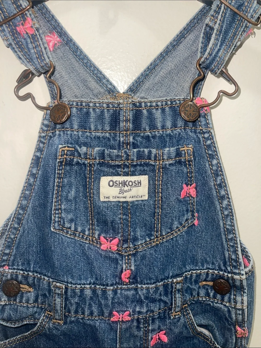 OshKosh B'gosh Denim Short Overalls in Blue with Pink Bows Sz 18M